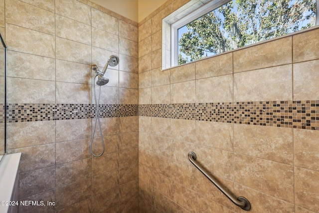 interior details featuring a tile shower