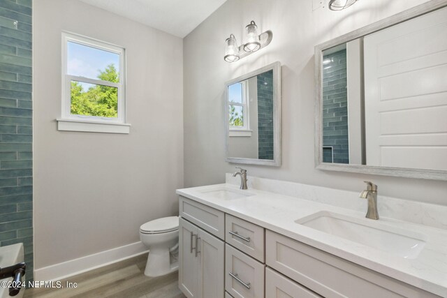 bathroom featuring a wealth of natural light, wood-type flooring, double sink vanity, and toilet