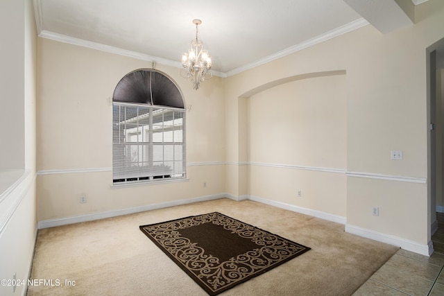 carpeted dining space with a chandelier and crown molding