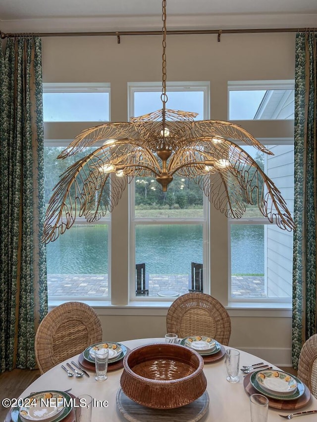 details featuring a chandelier and a water view