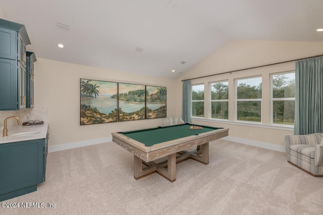 playroom with lofted ceiling, pool table, light carpet, a sink, and baseboards