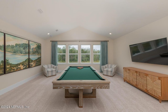 game room with pool table, carpet flooring, vaulted ceiling, and baseboards