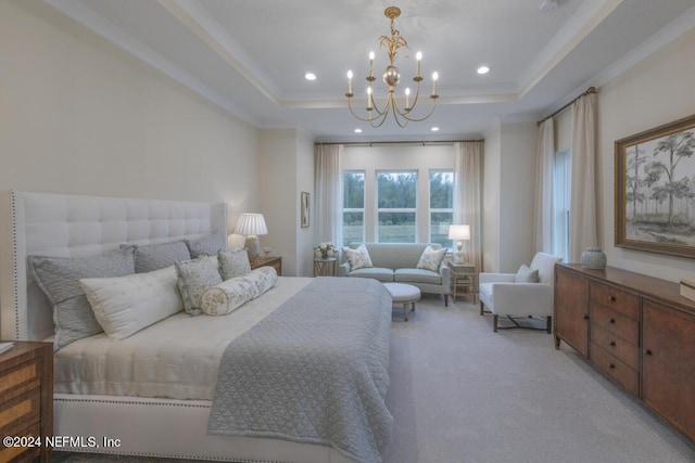 bedroom featuring light carpet, a tray ceiling, an inviting chandelier, and recessed lighting