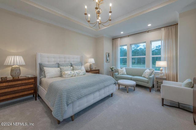 bedroom featuring carpet, recessed lighting, a raised ceiling, and an inviting chandelier