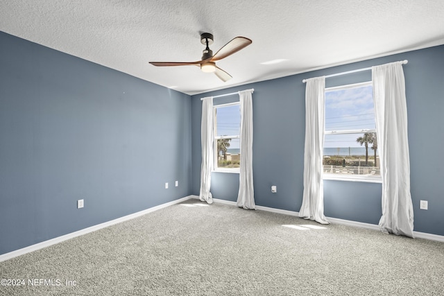 spare room featuring carpet flooring, a textured ceiling, a wealth of natural light, and ceiling fan