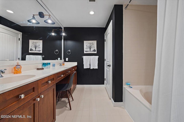 bathroom with tile patterned flooring, vanity, and shower / bathtub combination with curtain