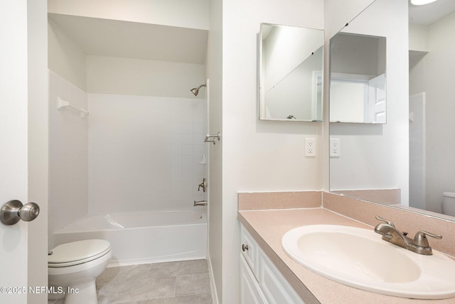 bathroom featuring bathtub / shower combination, toilet, vanity, and tile patterned flooring