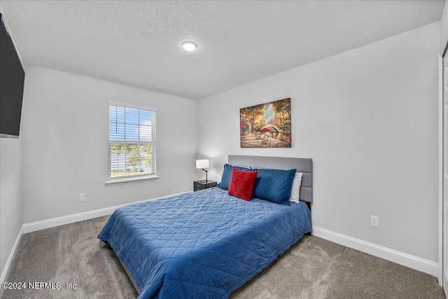 carpeted bedroom with a textured ceiling