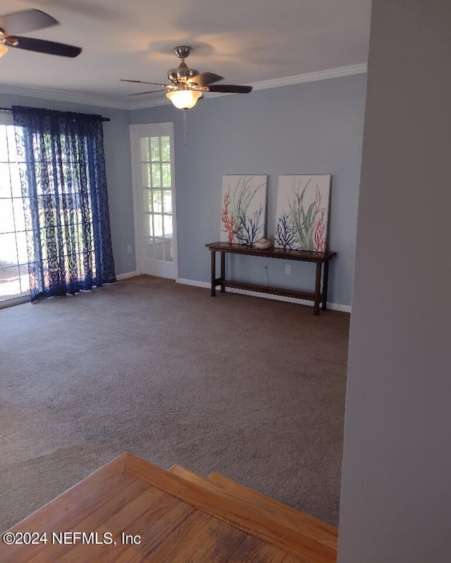 spare room with carpet, ornamental molding, ceiling fan, and baseboards