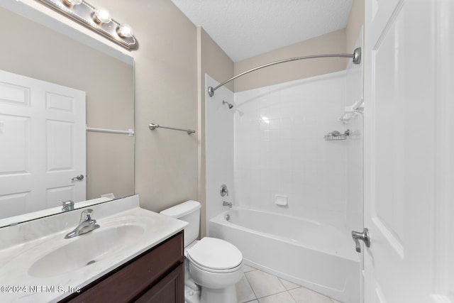 full bathroom with vanity, shower / tub combination, tile patterned floors, toilet, and a textured ceiling