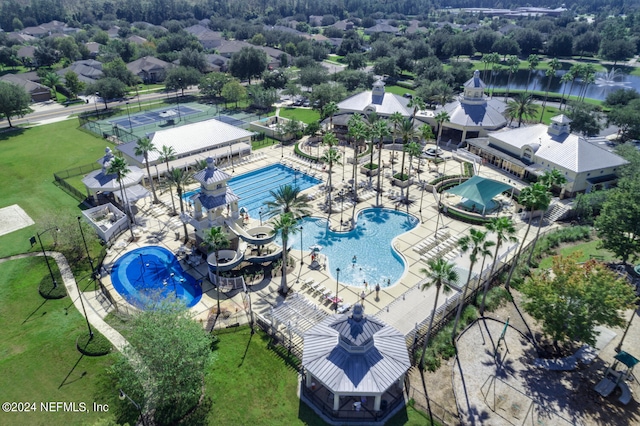 aerial view featuring a water view