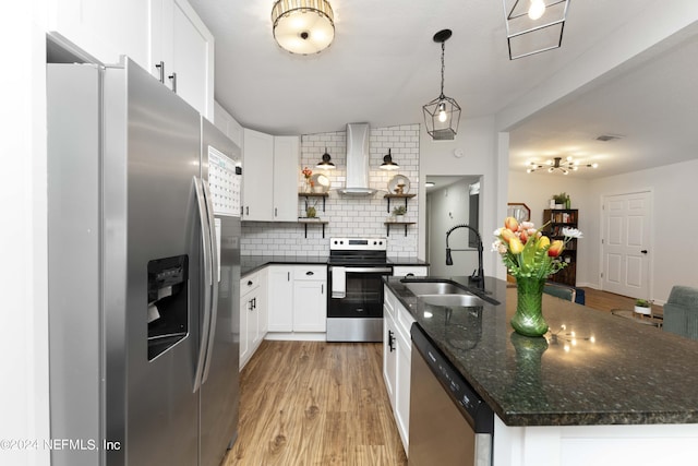 kitchen featuring white cabinets, sink, wall chimney exhaust hood, and appliances with stainless steel finishes