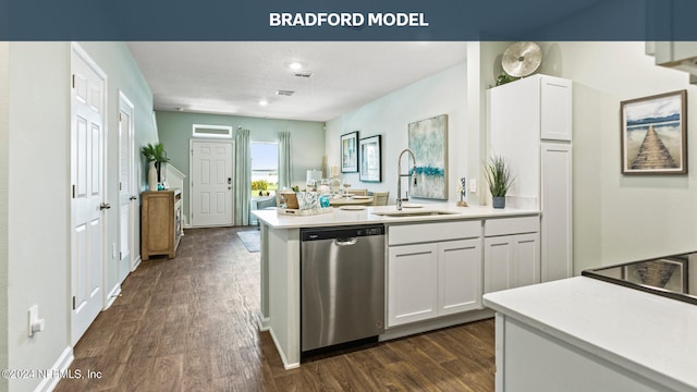kitchen with a sink, a peninsula, light countertops, dishwasher, and dark wood-style flooring