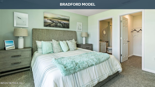 carpeted bedroom with baseboards, visible vents, a closet, ensuite bathroom, and a walk in closet