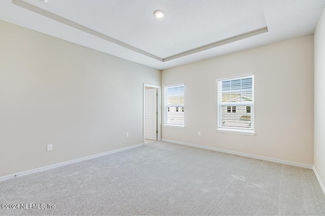 carpeted empty room featuring a tray ceiling