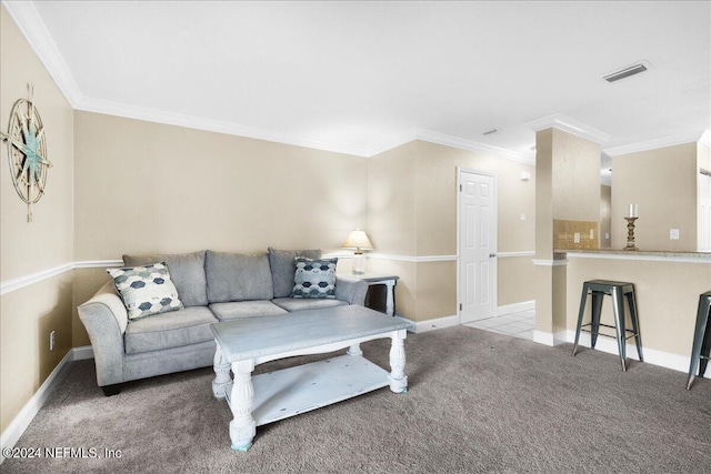 living room with light colored carpet and ornamental molding