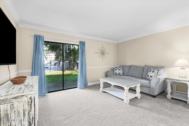 living room with carpet and ornamental molding