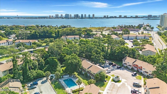 drone / aerial view featuring a water view