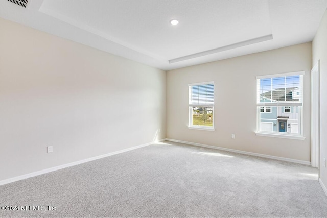 carpeted empty room featuring a raised ceiling