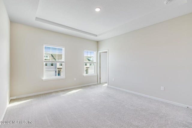 spare room with a tray ceiling and light colored carpet