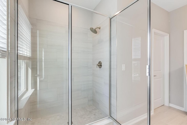 bathroom with plenty of natural light and a shower with door