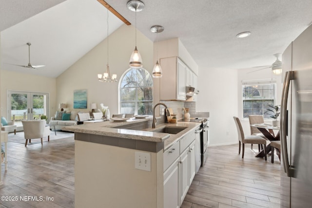 kitchen featuring under cabinet range hood, ceiling fan with notable chandelier, appliances with stainless steel finishes, and light wood-style floors