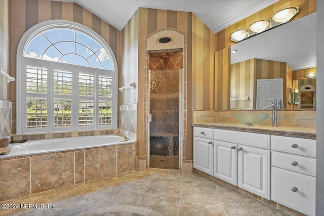 bathroom featuring vaulted ceiling, vanity, plus walk in shower, and a textured ceiling