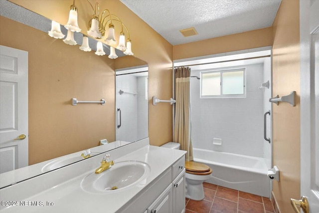 full bathroom with shower / tub combo, vanity, a textured ceiling, tile patterned flooring, and toilet