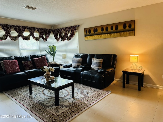 living room featuring a textured ceiling