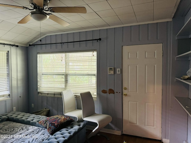 bedroom featuring crown molding, ceiling fan, and lofted ceiling