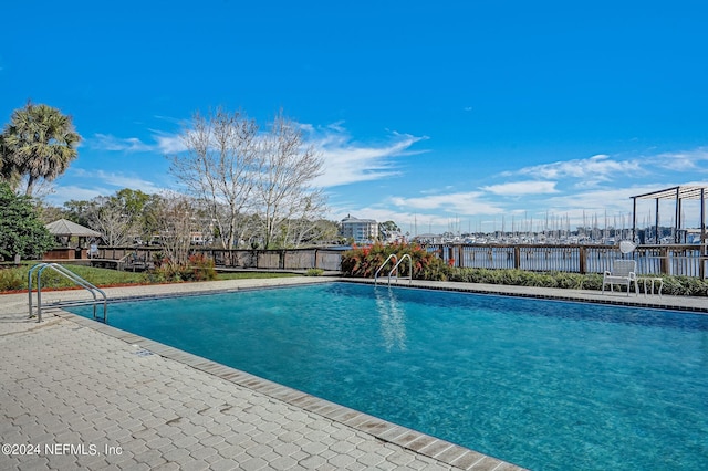 view of pool with a water view