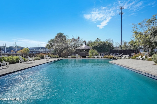 view of swimming pool featuring a patio area