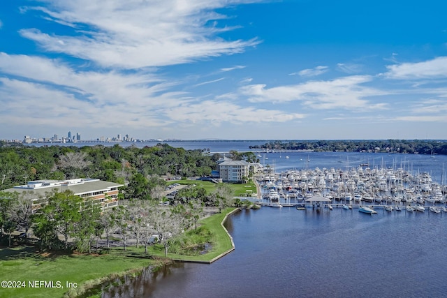 aerial view featuring a water view