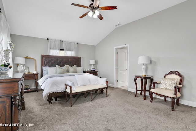 bedroom with lofted ceiling, carpet, and ceiling fan