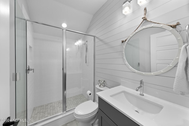 bathroom featuring vaulted ceiling, toilet, a shower with shower door, and wooden walls