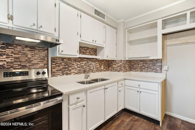 kitchen featuring white cabinetry, sink, dark hardwood / wood-style floors, backsplash, and stainless steel electric range