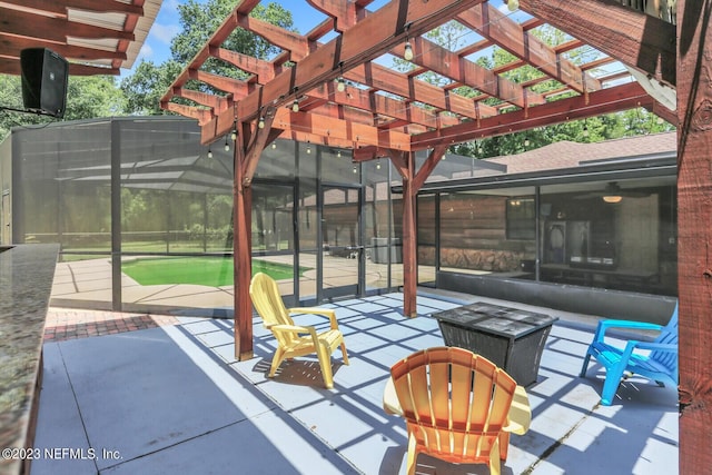 view of patio featuring a lanai, a pool, and a pergola