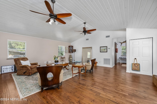 living room with wooden ceiling, wood-type flooring, ceiling fan, and vaulted ceiling