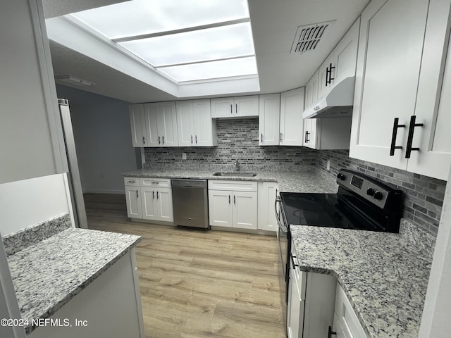 kitchen with sink, light wood-type flooring, electric range, dishwasher, and white cabinets