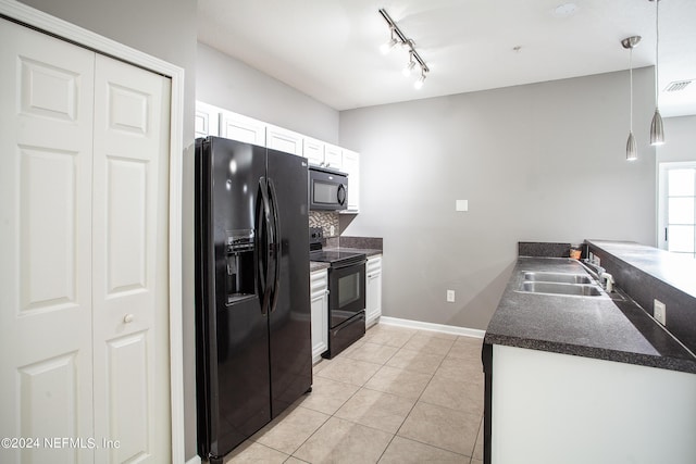 kitchen with sink, tasteful backsplash, decorative light fixtures, white cabinets, and black appliances