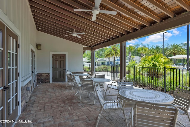 view of patio featuring ceiling fan