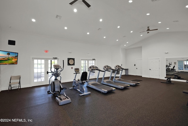 workout area featuring french doors, high vaulted ceiling, plenty of natural light, and ceiling fan