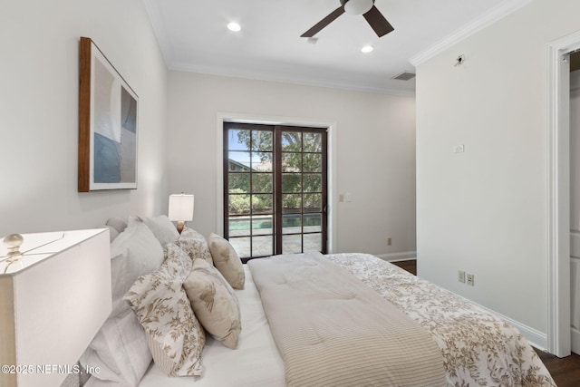 bedroom with baseboards, visible vents, ornamental molding, access to exterior, and recessed lighting