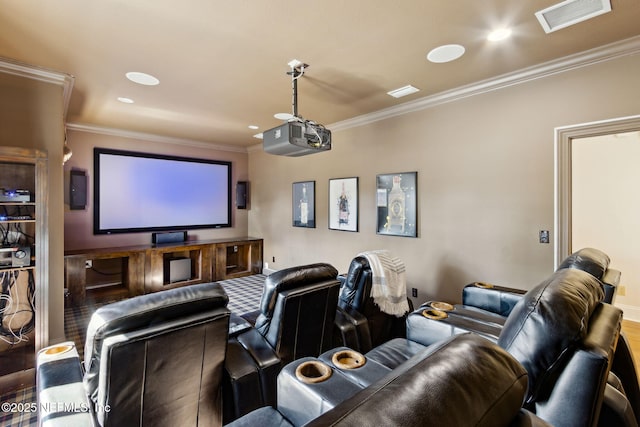 home theater room featuring recessed lighting, visible vents, and ornamental molding