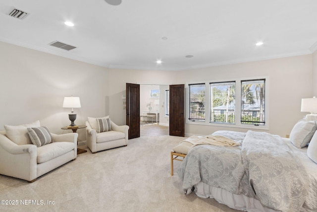 bedroom with light carpet, visible vents, crown molding, and recessed lighting