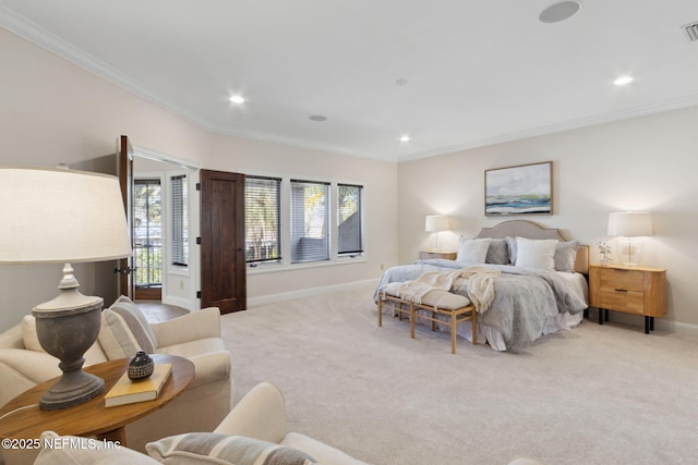 bedroom with recessed lighting, light colored carpet, visible vents, baseboards, and ornamental molding