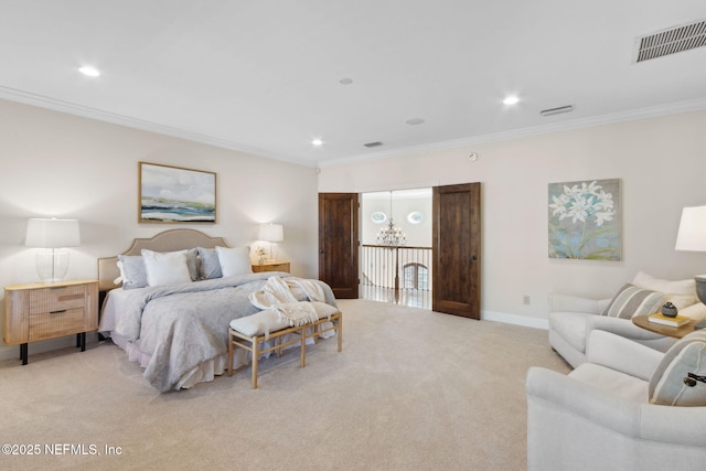 bedroom with light colored carpet, visible vents, an inviting chandelier, ornamental molding, and baseboards