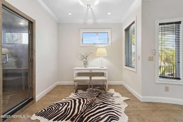 sitting room with light tile patterned floors, ornamental molding, recessed lighting, and baseboards