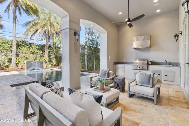 view of patio / terrace featuring an outdoor pool, a ceiling fan, area for grilling, grilling area, and a sink