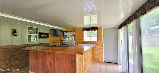 kitchen with kitchen peninsula, light parquet floors, and a healthy amount of sunlight